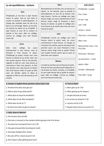Ks3 French Daily Routine Pool Of Resources Teaching Resources