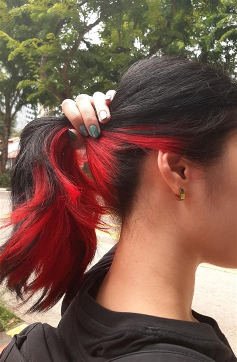 Black Hair Dyed Red Underneath Hidden Hair Color Hair Styles Hair