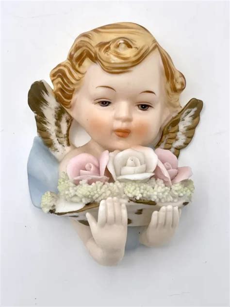 Vintage Tilso Japan Cherub Angel Face Wroses Porcelain Bisque Wall