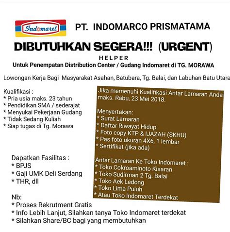 Barang kali ada diantara sobat gingsul.com. Lowongan Kerja Medan Terbaru HELPER di Indomaret - URGENT - POSKERJAMEDAN.COM
