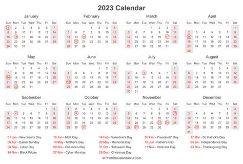 2023 Calendar With Us Holidays At Bottom Landscape Layout Printable