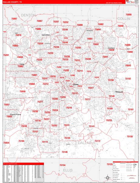 Dallas County Tx Zip Code Wall Map Red Line Style By Marketmaps Mapsales