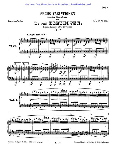 Free Sheet Music For 6 Variations In D Major Op76 Beethoven Ludwig