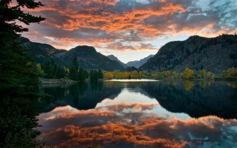 Lake Sky Clouds Mountains Trees Water Reflection