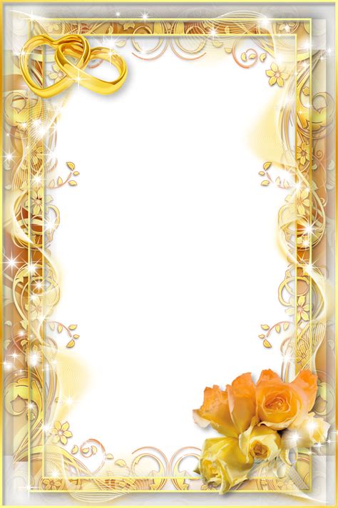 A Wedding Frame With Two Roses And Gold Rings On The Edges In Front Of