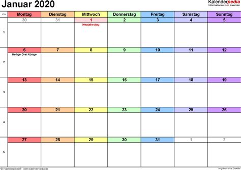 Jahreskalender 2021 mit feiertagen und kalenderwochen (kw) in 19 varianten die kalender können für nichtkommerzielle anwendungen kostenlos heruntergeladen und genutzt werden (bitte die nutzungsbedingungen. Kalender Januar 2020 - Kalender Plan