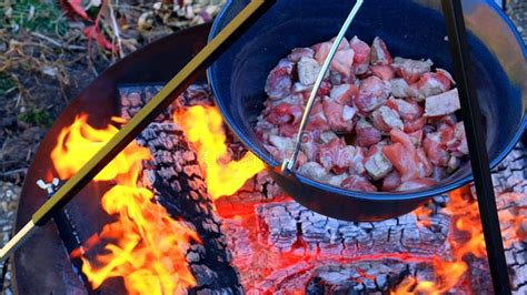 Meat On The Firecooking Meat In A Cauldronwood Fire And Cauldron With Food Stock Video Video