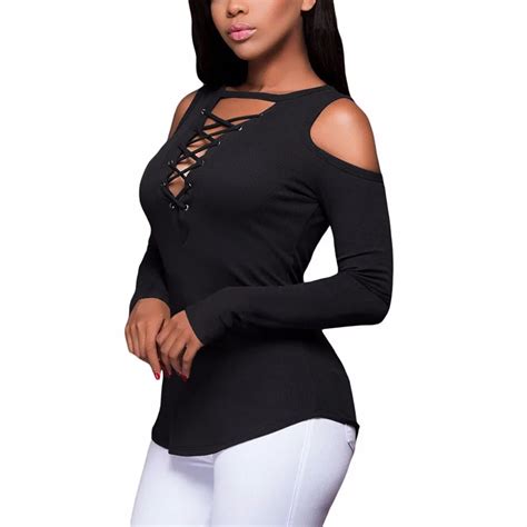 Women Sexy Off Shoulder Ribbed Tees Lace Up Deep V Neck Shoulder Cut Out Long Sleeve T Shirts