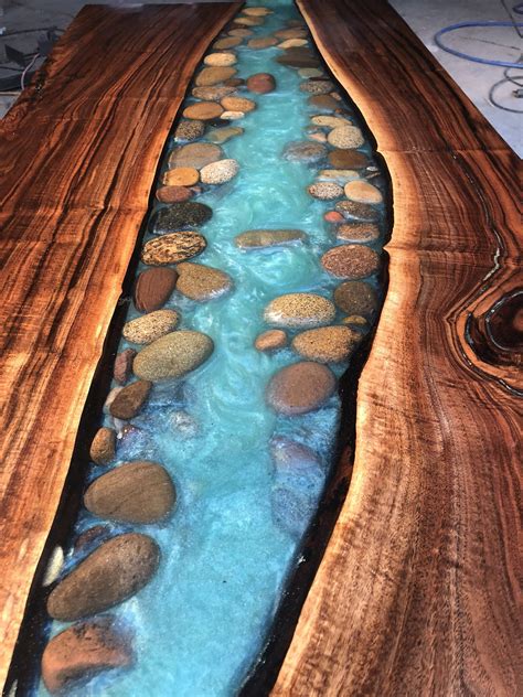 River Table Wirh Walnut And River Stone Live Edge Coffee Dining Table