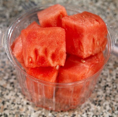 Cup Of Seedless Watermelon Chunks Prepared Food Photos Inc