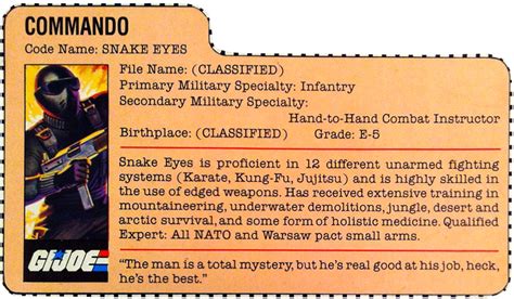 There should be a superbowl gi joe trailer this sunday so if you are not familiar with the characters of the gi joe universe it's still time to take a look to the files cards below gi joe file cards: The G.I. Joe Rolodex: The Digital File Card Repository - 3DJoes