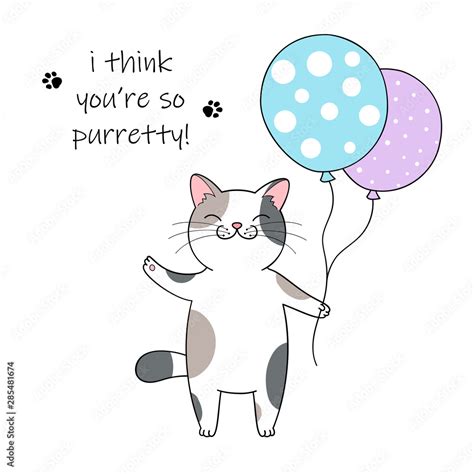 Cute Cartoon Cat Holding Balloons Hand Drawn Illustration For Birthday