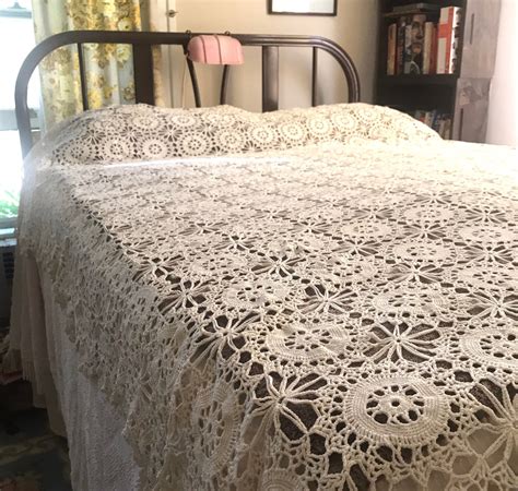 Vintage Crochet Bed Coverlet Handmade Ivory Cotton Bedspread Home Decor