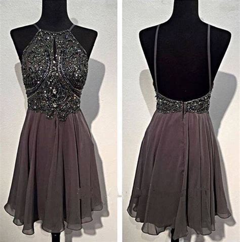 Spaghetti Straps Grey Open Back Homecoming Dressesbeads Backless Sexy Short Prom Dresses