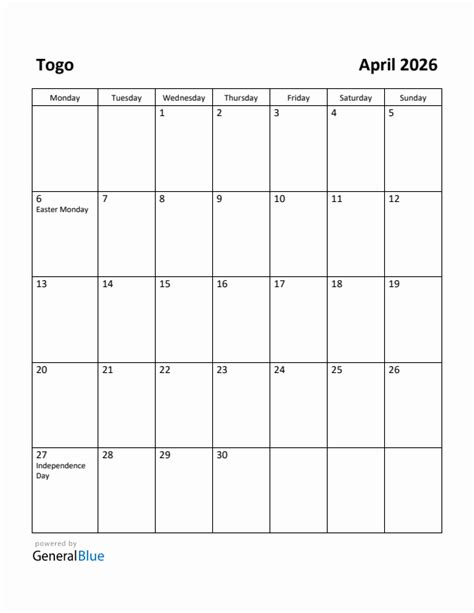 Free Printable April 2026 Calendar For Togo