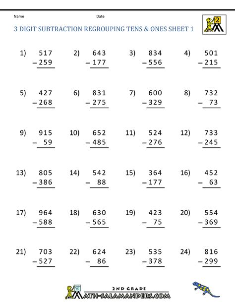 Subtraction 3 Digit Numbers Regrouping Worksheets