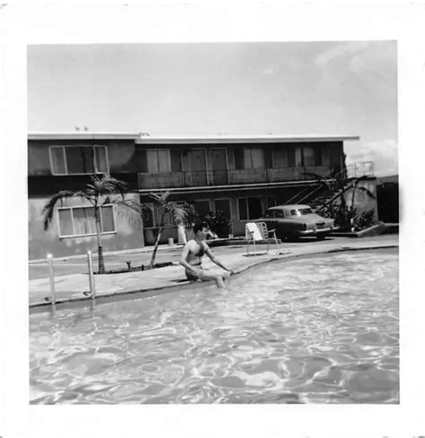 Vintage Bandw Photo Shirtless Man Pool Dons Motel Long Beach Calif 1950s