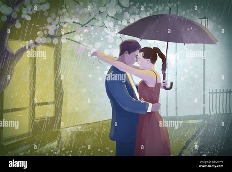 Illustration Of Couple With An Umbrella Embracing In Rain Stock Photo