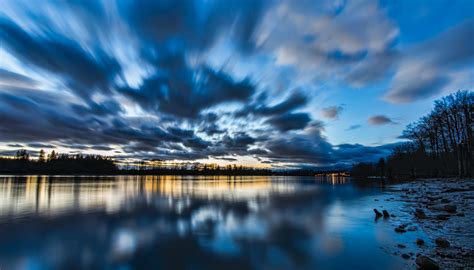 Canada British Columbia Lake Water Surface Shore Trees Evening Sunset