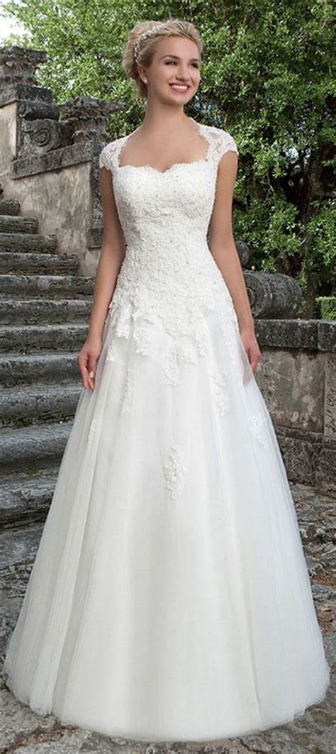 gorgeous tulle and satin square neckline a line wedding dresses with beaded lace appliques wed