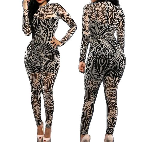 2020 plus size women tribal tattoo print mesh jumpsuit romper curvy african aztec bodysuit