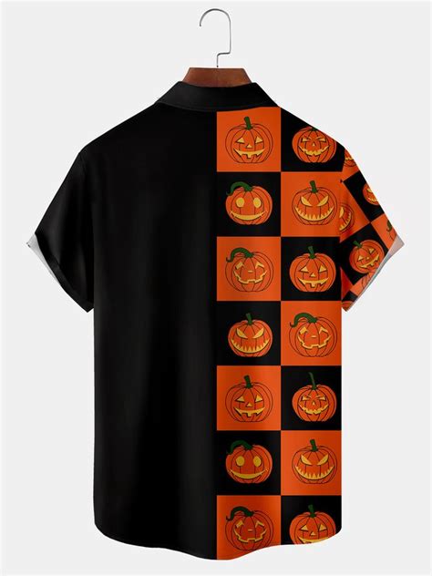 Mens Vintage Halloween Pumpkin Print Front Button Short Sleeve Shirt Chest Pocket Casual