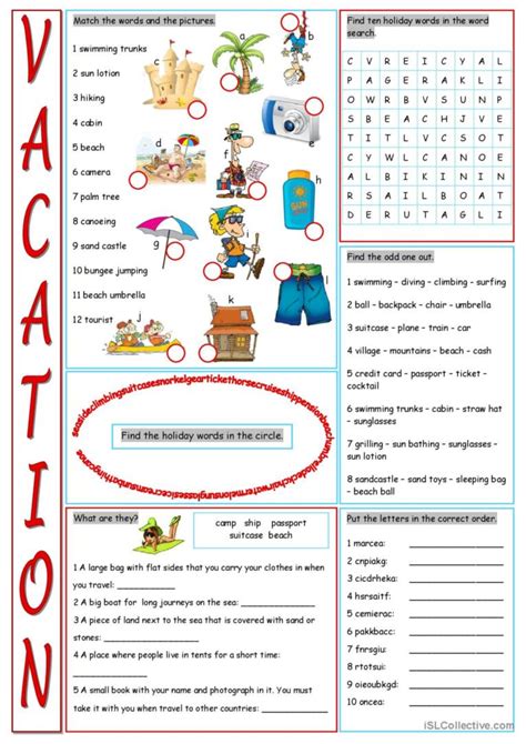 Vacation Vocabulary Exercises Wor English Esl Worksheets Pdf And Doc