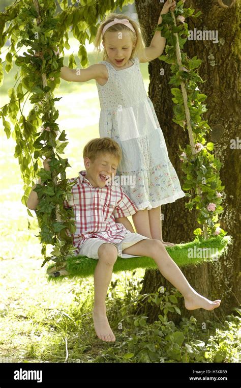 Tree Detail Swing Girl Stand Boy Sit Laugh Garden Children