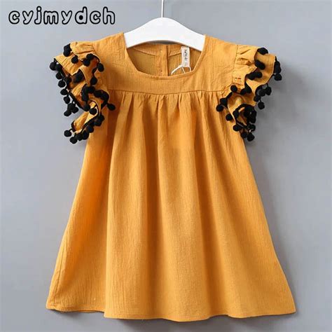 Summer Girls Dresses Cotton Solid Yellow Princess Dresses For Girls