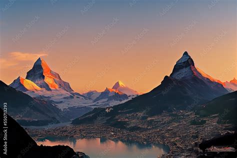Sunny Summer Morning In Zermatt Village With Matterhorn Monte Cervino