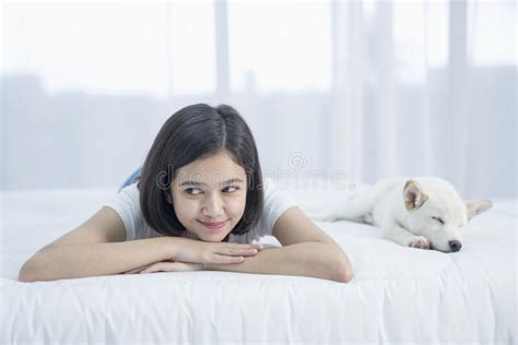 Pet Lover Concept Young Asian Woman Relaxing And Playing With White