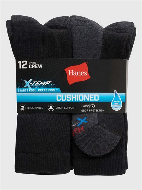 Hanes Mens X Temp Cushioned Arch And Vent Crew Socks Pack Of 12 Pairs Black