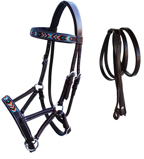Horse Western Leather Tack Beaded Bitless Sidepull Bridle Reins Brown