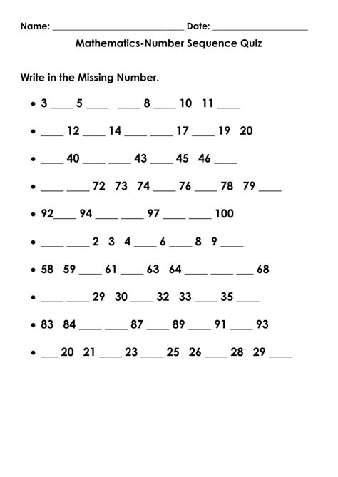 Mathematics Number Sequence Quiz Worksheet