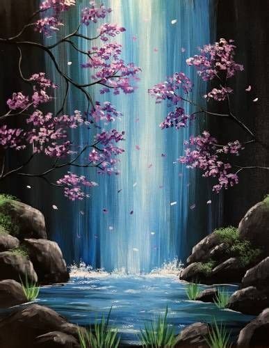 A Painting Of A Waterfall With Purple Flowers