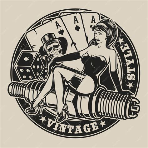 Premium Vector Black White Illustration With Pin Up Girl On A Spark Plug With Dice And Playing