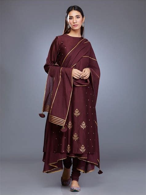Brown Chanderi Silk Embroidered Suit With Mulmul Gota Dupatta Set Of