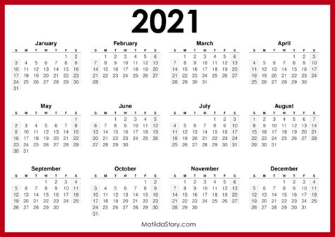 2021 Printable Free Calendar Horizontal Red Sunday Start Hd