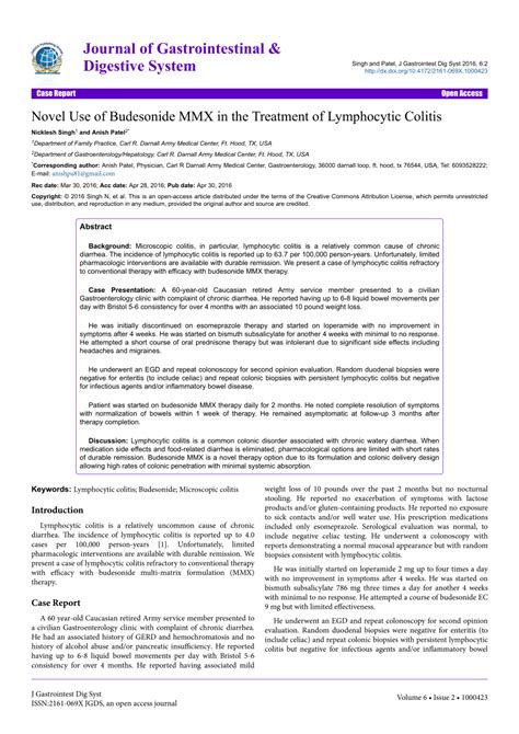 Pdf Novel Use Of Budesonide Mmx In The Treatment Of Lymphocytic Colitis