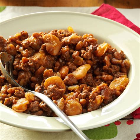 They are extra hearty because of the ground beef and the homemade barbecue sauce has just the right balance of flavors. Hearty Beans with Beef Recipe | Taste of Home