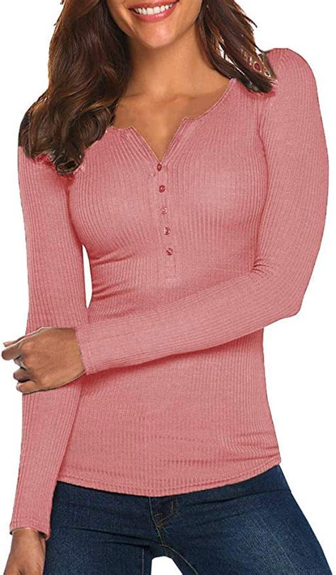 Pink Queen Womens Henley Shirts Long Sleeve V Neck Ribbed Button