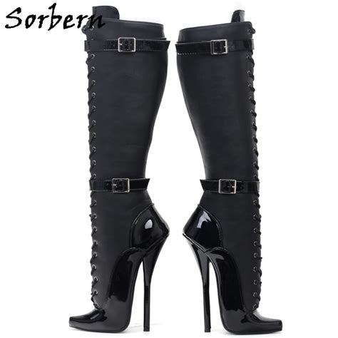 Sorbern Matt And Patent Ballet Boots Women Knee High Double Straps Bdsm Crossdresser Stilettos