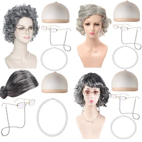 Old Lady Wig Short Curly Grandma Wig Cosplay Costume Halloween Wig With Granny Glasses Pearl