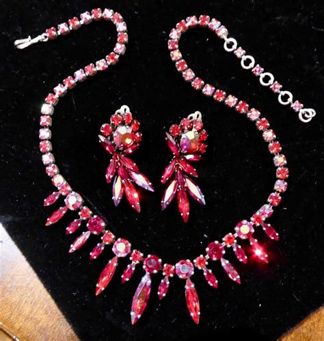 Signed Sherman Red Rhinestone Necklace And Earring Set Ebay Bracelet