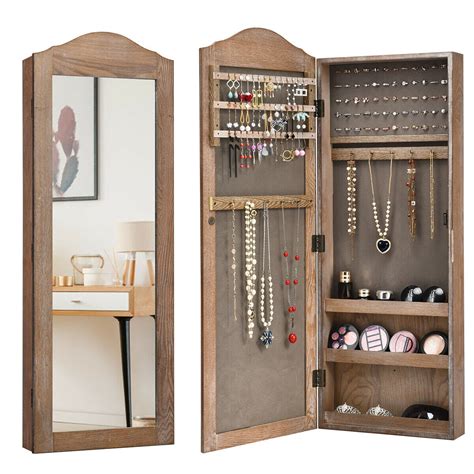 Gymax Mirrored Jewelry Cabinet Armoire Storage Organizer Wall Hanging