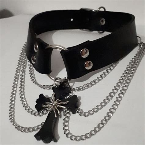 Handmade Leather Choker With Black Resin Cross And Spider Charm Emo