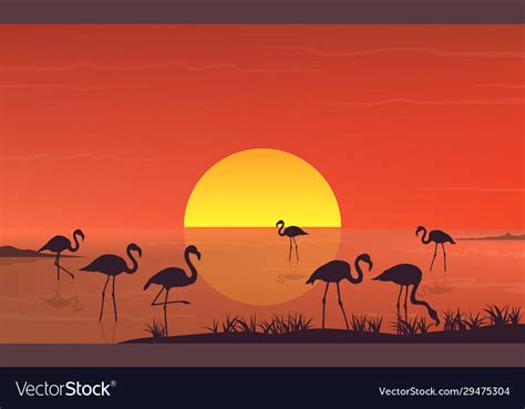 Flamingo Silhouette At Sunset Landscape On Lake Vector Image