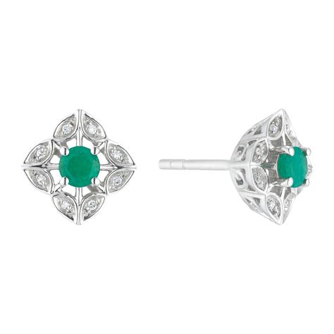 Sterling Silver Flower Emerald Diamond Stud Earrings H Samuel