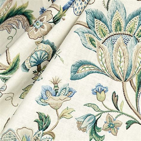 Blue Jacobean Floral Linen Fabric Draped Fabric Decor Floral Fabric