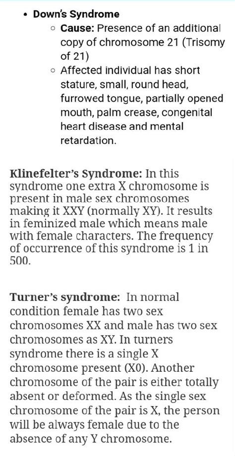 Explain In Brief For 2 Mark Each Down Syndrome Klinefelter Syndrome Turner Syndrome Please